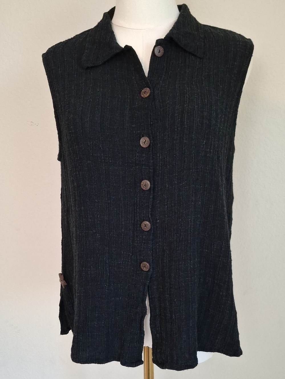 Animale Lagenlook Linen Blend Ribbed Sleeveless Button Down Collared Tunic Top